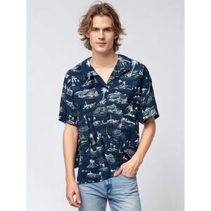 Men's 3XL Hawaiian Shirt Navy Island‎ Print Short Sleeve